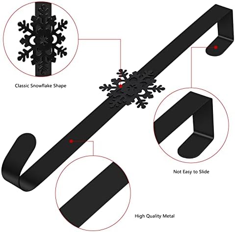 Christmas Metal Wreath Hanger, 15 Inches Snowflake Wreath Hook Over The Door Wreath Hanging Hook for Xmas Party Door Wall Home Office Wedding Wreath Display and Decorations (Black)