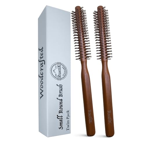 Rustik - Confezione da 2 spazzole rotonde piccole per asciugatura, spazzola per barba da uomo, spazzola per acconciatura, riccioli, frangia, capelli corti, ecologica, rullo Quiff con manico in legno