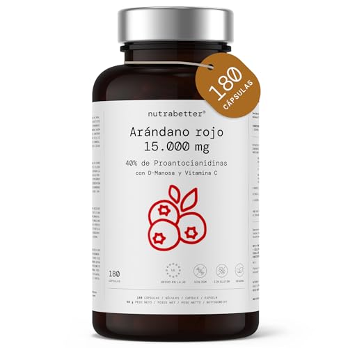 Arándano Rojo Americano 15000mg para Cistitis y Tracto Urinario | 180 cápsulas veganas | Alta dosificación 40% en proantocianidinas | con D-Manosa y Vitamina C | nutrabetter®