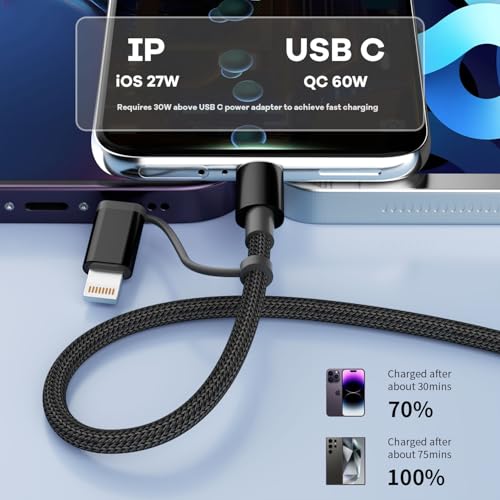 Image of 60W Max 2 in 1 USB C to C /IP Cable, Fast Charging Type-C Cable, Travel Essentials USB-C Multi iPhone 17 Charger Cord Compatible for iPhone 17-8, Android, iPad and More, Carplay Cable(2Pack 4FT)