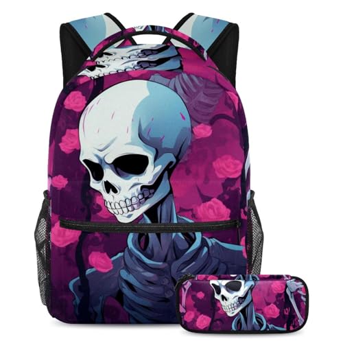 Cartable grande capacité fini les affaires abîmées sac ado à motif crâne et fleurs