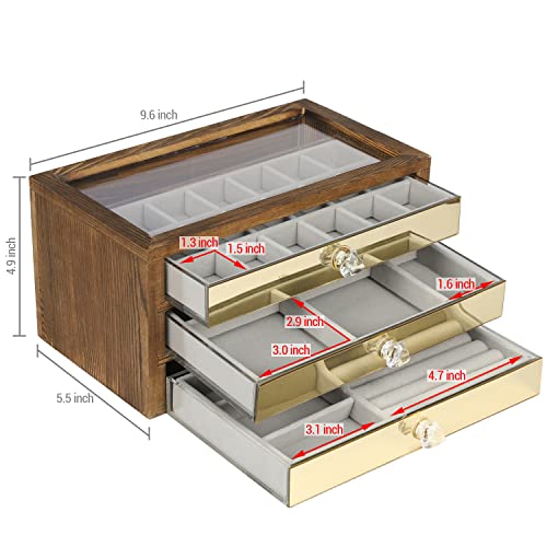 Mygift Contemporary Burnt Wood Jewelry Organizer Box With 3 Velvet Lined Drawers, Chic Dark Brown Wooden Jewelry Storage Chest With Brass Paneled Drawer #TOP4