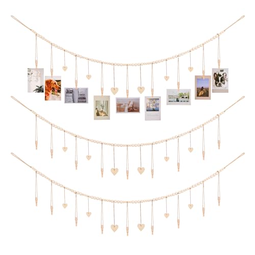 Hanging Photo Display Room Wall Decor, Boho Collage Picture Frame Christmas Cards Holder, Photo Hanger with 9 Wood Clips and 6 Wooden Hearts Tags for Home, Bedroom, Office, Nursery, Dorm Decor (3)