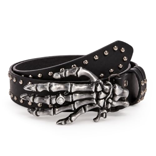 Buy GUSTAVE® Leather Skull Buckle Belt Gothic Punk Biker Waistband | Featuring 3D Skeleton Hand Buckle and Metal Rivets, Black Faux Leather Strap for Jeans, Biker Outfits and Y2K Style at Amazon.in - Image 2