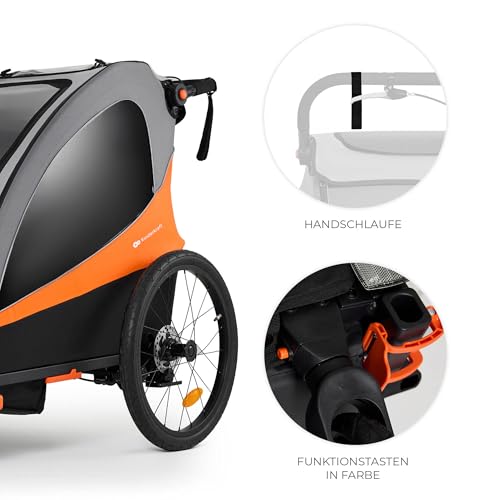 Kinderkraft NAVA 3in1, Kinderwagen, Laufwagen und Fahrradanhänger, für ein oder zwei Kinder (bis 44 kg), Sonnenschutz, zwei unabhängige Bremsen, Aluminiumrahmen, leicht zu falten,Orange