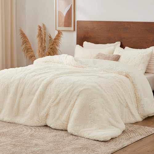 Image of BEDELITE Cream White Fluffy Comforter Set Queen, Fuzzy Faux Fur Comforter | Warm Fleece Shaggy Bedding for Winter, Soft & Cozy Plush Bed Set with 2 Pillowcases