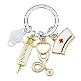 NIANOPKM 1 llavero de enfermera, asistente médico, regalo de estudiante médico, llavero de enfermera con jeringa, sombrero y estetoscopio (dorado)