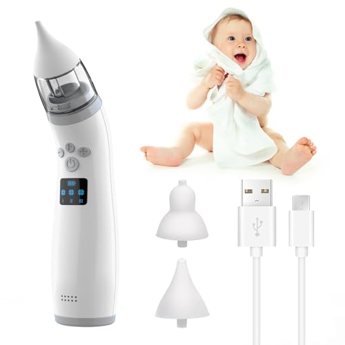 Aspirador nasal eléctrico para bebé, aspirador nasal portátil para bebé, aspirador nasal automático con 2 puntas de silicona, succión ajustable de 3 niveles, función calmante de música y luz