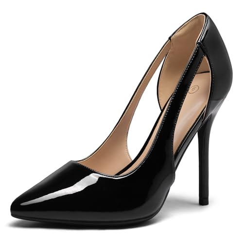 mysoft Women's Stiletto Heels Pumps Closed Toe 4IN Cut Out High Heels Pointed Toe Dress Shoes Black Patent