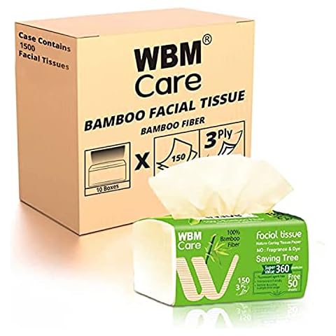 WBM Care Bamboo Facial Tissues, Bulk Box of 10 Packs, 150 Sheets Each, Total 1,500 Sheets, Soft and eco-friendly, perfect for everyday use, great value Cover