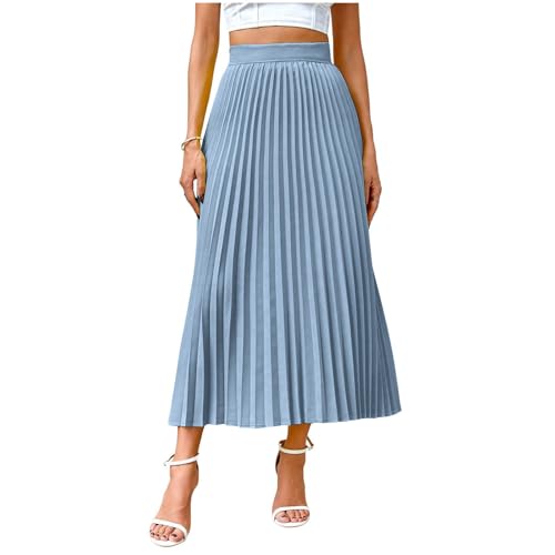 Women's Pleated Work Midi Skirt Business Elastic High Waist Skirt Swing A-Line Casual Loose Solid Color Flowy Skirts