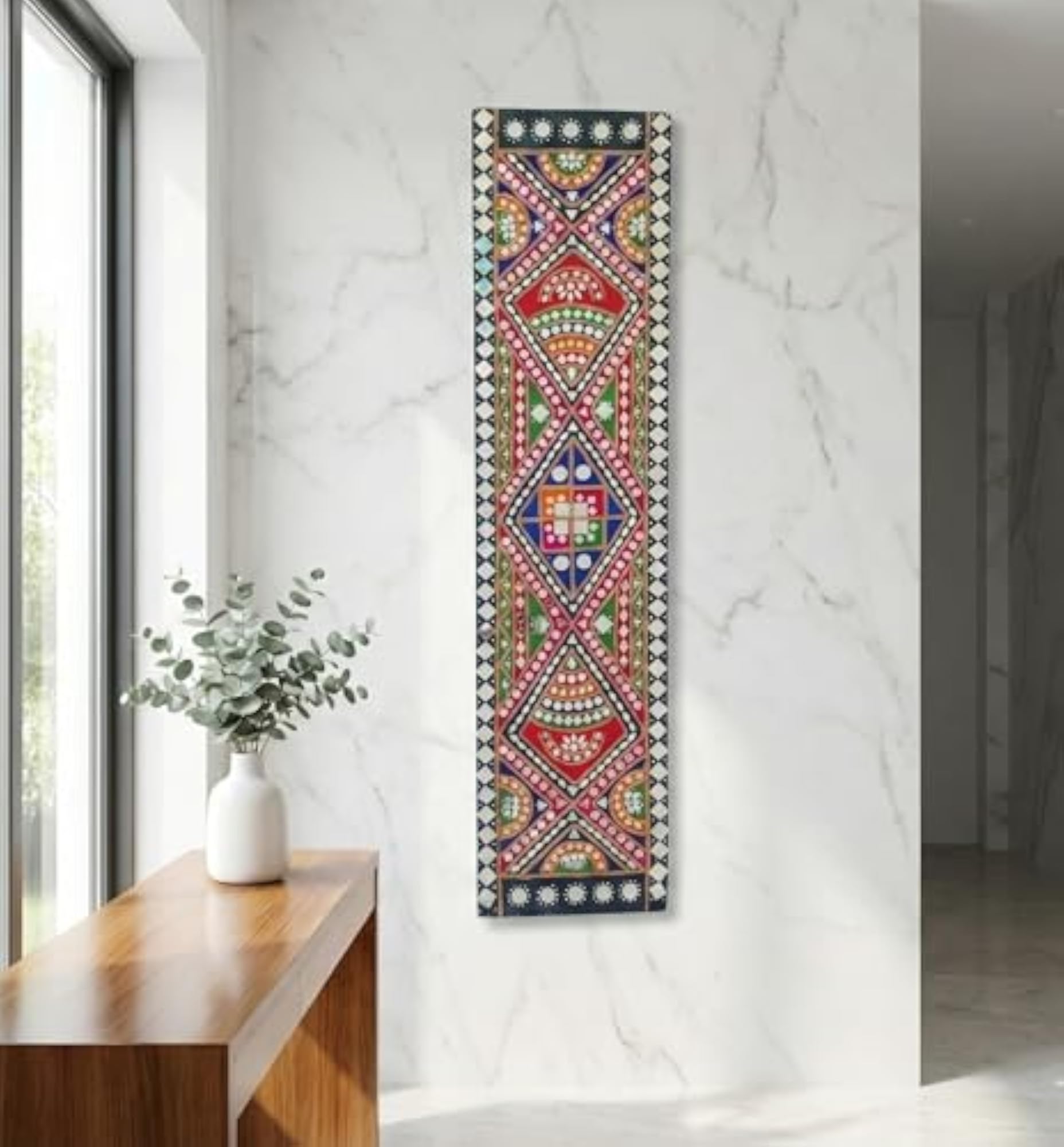 Handmade Lippan Vertical Wall Panel with Multicolor Mirror Work