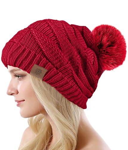 Bobelle Wear Mütze Damen, Warm Wintermütze Thermo Fleece Gefüttert, Weiche Bequem Beanie Strickmütze für Outdoorsport (DE/NL/SE/PL, Numerisch, 50, 58, Winerot)