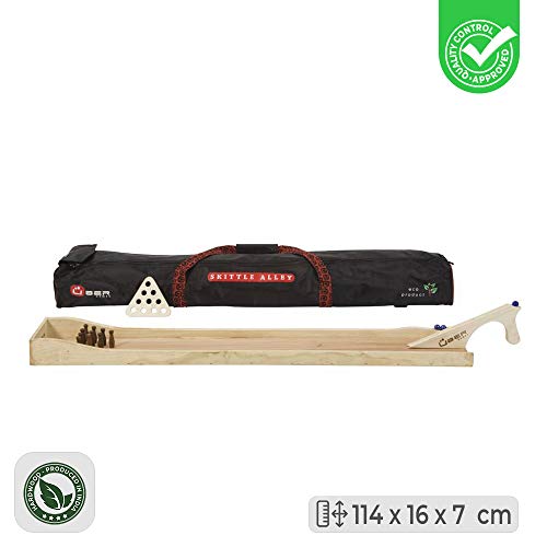 Übergames Mini Bowling Kegeln Bahn aus ECO HartHolz, 10 kegeln, Transport Aufbewachrungstasche und 5 Murmeln