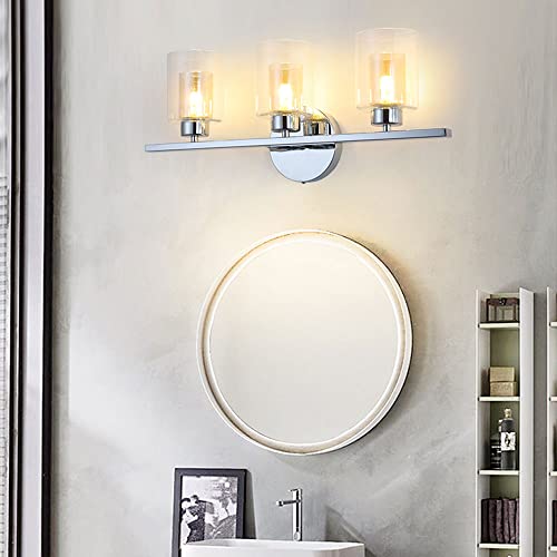 Aplique de pared cromado con 3 luces LED y tulipas de vidrio doble para espejo de baño 4