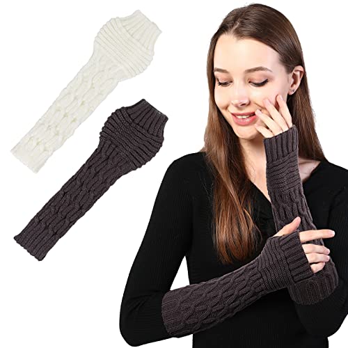 AYPOW 2 Pares De Guantes Sin Dedos Tejidos, Guantes sin Dedos Mujer Calentador de Punto, Mitones Manoplas de Punto de Invierno, Guantes de invierno para mujeres sin pulgares, con Agujero de Pulgar