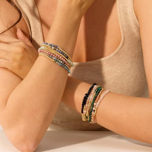 Kainier Gold Beaded Bracelets for Women 2Pairs 14K Gold Plated Stretch Bracelet Set Stackable Tarnish Dainty Natural Stone Bead Bracelets Gift2