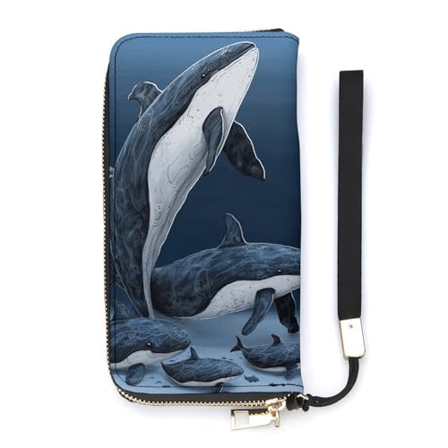Portefeuille long en cuir PU pour homme femme Whale Family, étui de cartes minimaliste blanc