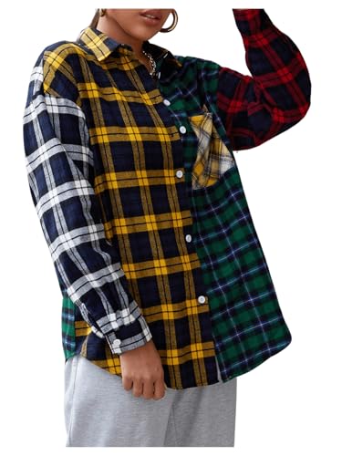 Floerns Women's Tartan Color Block Long Sleeve Plaid Button Down Blouse3