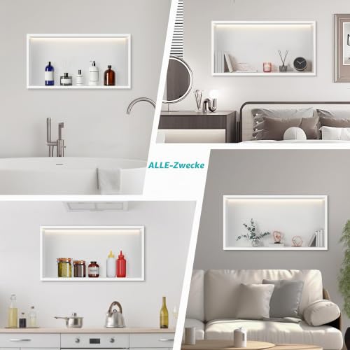 FTL Wandnische Dusche mit LED Weiß,Duschnische mit 3000K Warmweiss Beleuchtung(Nicht Dimmbar) 60x30cm,304 Edelstahl LED Wandnische Badezimmer Keine Fliesen Erforderlich