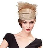 Woman Feather Fascinator Hat Pillbox Derby Hats with Veil Clip Vintage Bridal Wedding Tea Party Cap Gold