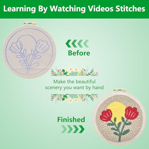 Image of Enkor Punch Needle Kit Adults Beginner,Needle Punch Embroidery Kits Beginners Kids Include Instructions Video, Fabric,Hoop,Yarns,Threader-Flowers Love F1