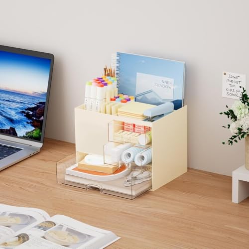 Image of UCRAVO Student Desk Organizer and Storage with 3 Drawers | Aesthetic Pastel Beige Clutter Control Solution | Multi-Functional Large Capacity Table Organizer for Study, School Supplies & Office Use