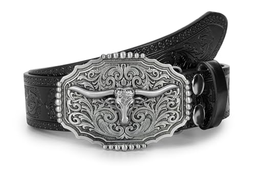Western-Cowboy-Retro-Belt with Bull-Buckle, Floral Engraved Leather Cowgirl Belt for Jeans Pants4