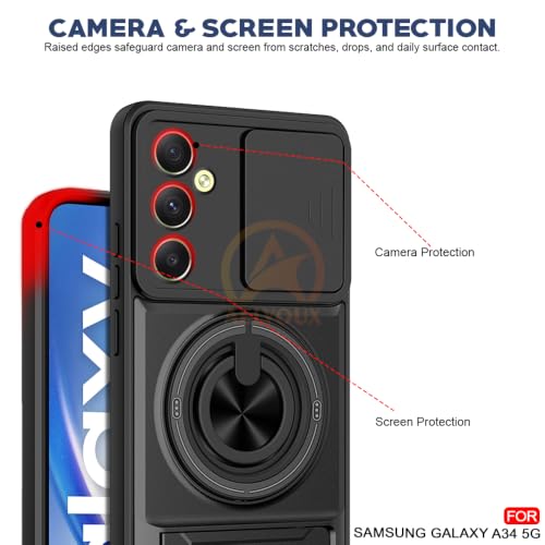 Image of Samsung A34 5G Back Cover | Armor Camera Slider 360 Degree Rotating Finger Ring Holder Case with Bracket Stand Back Case Cover (Compatible with MagSafe Accessories) (Black)