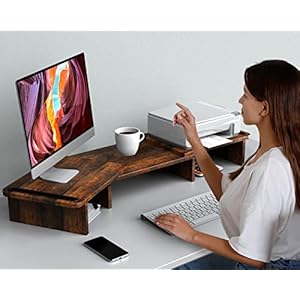 Zimilar dual monitor stand riser with adjustable length and angle wood for desk riser 2 monitors storage space rust brown large  urban country home decor