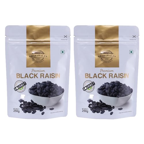 Image of KHARAWALA'S Afghani Black Raisins with Seeds - Pack of 2 (250gm Each) | Kali Kishmish | Munakka | Dry Fruits | Premium Abjosh | Healthy Nuts