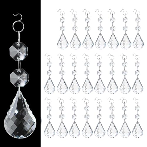 Kehail 24 Pcs 38mm Clear Crystal Teardrop Pendants with Hook Chandelier Prisms Replacement Parts Glass Hanging Crystals for Suncatchers Windows Lamps Christmas Tree & Home Decor