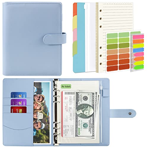 Mlife A5 Notebook Binder Set - 6 Ring PU Leather Planner 5 PCS File Divider 45 Sheets A5 Loose Leaf Paper Label Stickers Index Tabs and Clear Cash Envelopes Personal Organizer BinderLight Blue