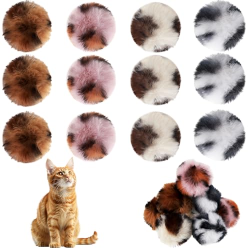 Quilax 12 Pcs Cat Pom Pom Balls, 2 in Fuzzy Balls for Cats, Soft Faux Fur Cat Pompom Ball, Cats Pets Interactive Playing Ball Indoor(4 Color Leopard Style)