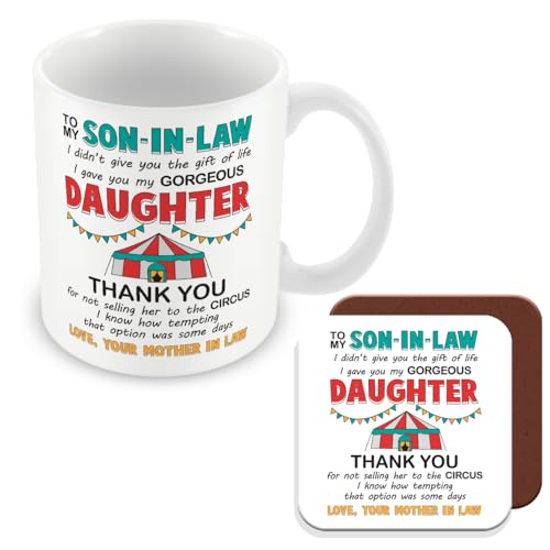 MUGGZ Tazza e sottobicchiere con scritta "Thank You" e scritta in inglese "Son in Law", prodotto nel Regno Unito