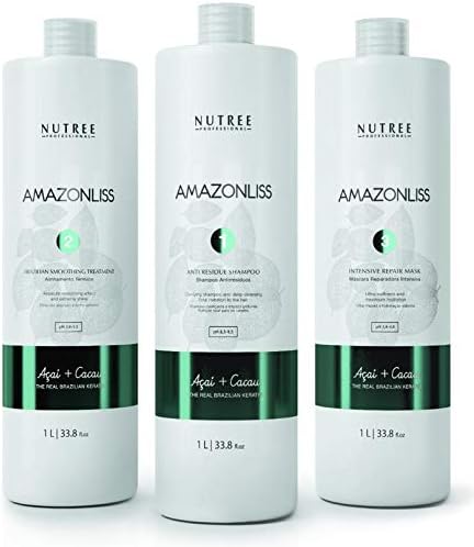 Nutree Professional Amazonliss Brazilian Keratin Kit For Thermal Reconstruction Blowout Shampoo, 1L Smoothing Treatment, 1L Mask