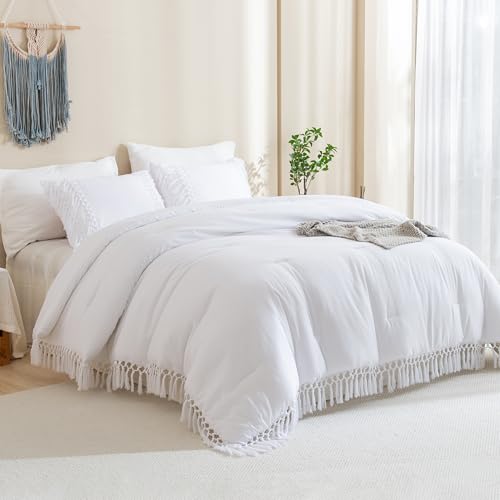 Image of Andency White Full Size Comforter Set, 3 Pieces Boho Tassel Lightweight Soft Bedding Comforter Sets, All Season Fluffy Fringe Bed Set (79x90In Comforter & 2 Pillowcases)