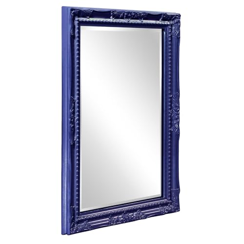 Image of Howard Elliott Collection Queen Ann Rectangular Glossy Navy Wall Mirror, Rectangle Hanging Wood Framed Vanity Mirrors for Home Decor, Living Room, Bathroom, Bedroom, or Hallway, 24 x 36 Inch