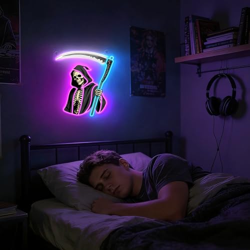 Image of Ammonite Grim Reaper Neon Sign, LED Death Scythe Night Light for Room Wall Table Decor Art, Home Party Birthday Halloween Xmas Birthday Gift for Kids Teens Adults