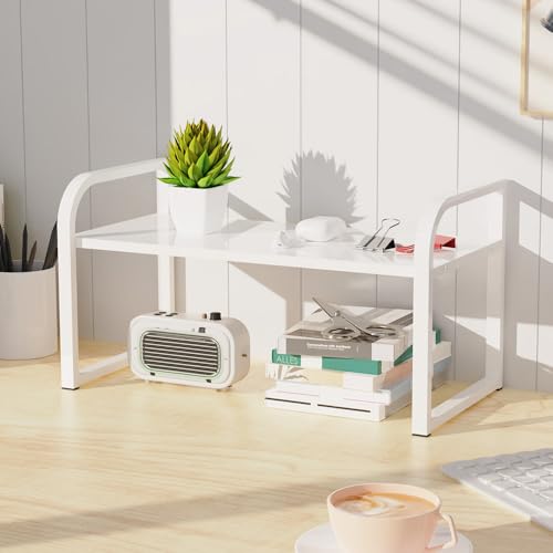 Office Desk Shelf Organizer, Wood Desktop Bookshelf Supplies Storage Rack Shelf for Top Desk Dresser and Cubicle Decor Bookshelf Monitor Stand Riser (White White-single Tier, 15.75 Lx7.87 Wx8.46 H)