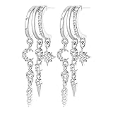 Earrings for Women, 14K Gold Plated/Silver Dangly Earrings, Multi-Hoop Cubic Zirconia Tassel Earrings, Boho Layered Dangle Earrings with Star Moon & Spike Charms Non Tarnish Trendy Jewelry Gifts