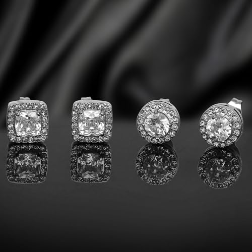 Image of NEWITIN 2 Pairs Silver Stud Earrings for Women Hypoallergenic Earring Stainless Steel Inlaid Cubic Zirconia Studs Earring Diamond Halo Stud Earrings for Women Men