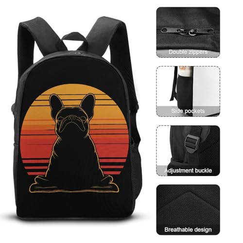 Vintage French Bull Dog Yoga 80s Large Travel Backpacks Carry on Backpack Weekender Bag with 2 Storage Pockets for Men And Women3