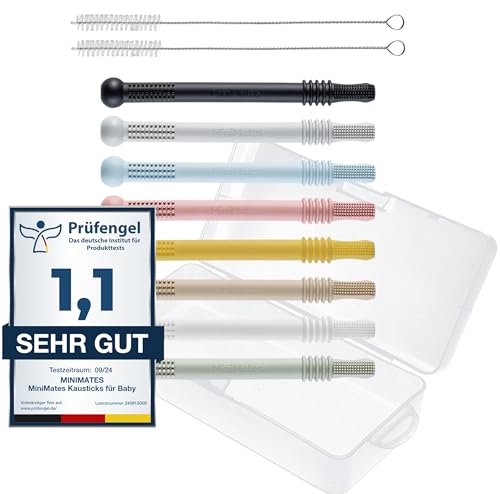 MiniMates 8x Beißröhrchen Beißring - Kausticks für Baby | Zahnungshilfe ideal für Backenzähne | Beißröhrchen aus Silikon BPA- frei | Beißring | 8 Stück inkl. 2 Bürsten