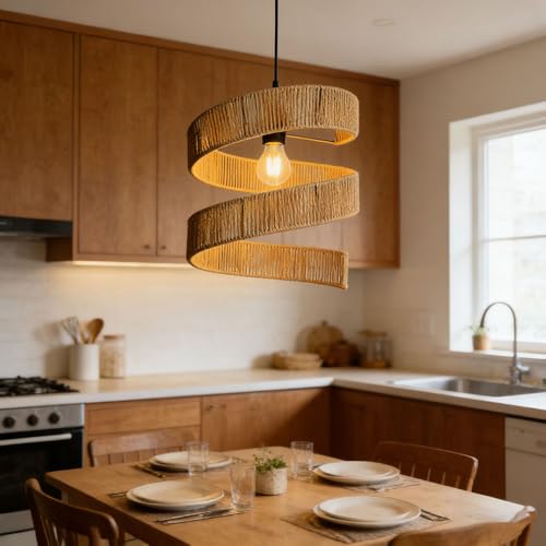 Suspension en corde de papier tressé main lustre bohème chic réglable pour îlot de cuisine