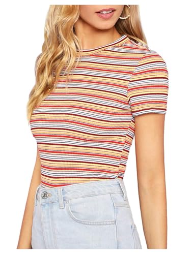 Milumia Women's Casual Multi Striped Ribbed Short Sleeve Solid Tee Knit Top2