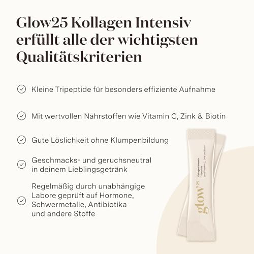 Glow25® Kollagen Intensiv [30 Sticks] – mit Tripeptiden, Vitamin C, Zink und Biotin – Premium Marine Collagen Hydrolysat – Peptide Typ 1 und 3 – Gute Löslichkeit 3