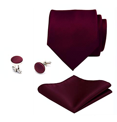 GUSLESON Brand Men\'s Wedding Solid Wine Burgundy Tie Necktie With Cufflinks and Pocket Square (0789-06)
