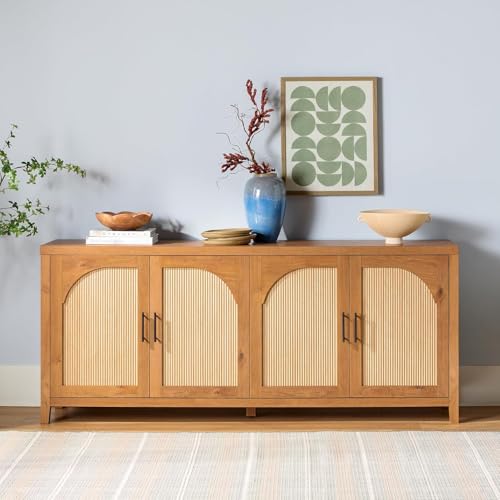 Walker Edison Sasha 4-Door Reeded Sideboard Buffet with Cord Management, 70 Inch, English Oak