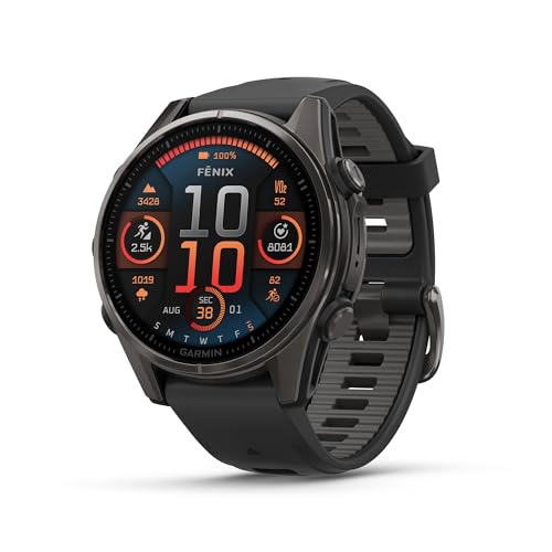 Image of Garmin Fenix 8, 43mm, AMOLED, Sapphire, Smartwatch, Carbon Gray Titanium with Black /Pebble Gray Silicone Band